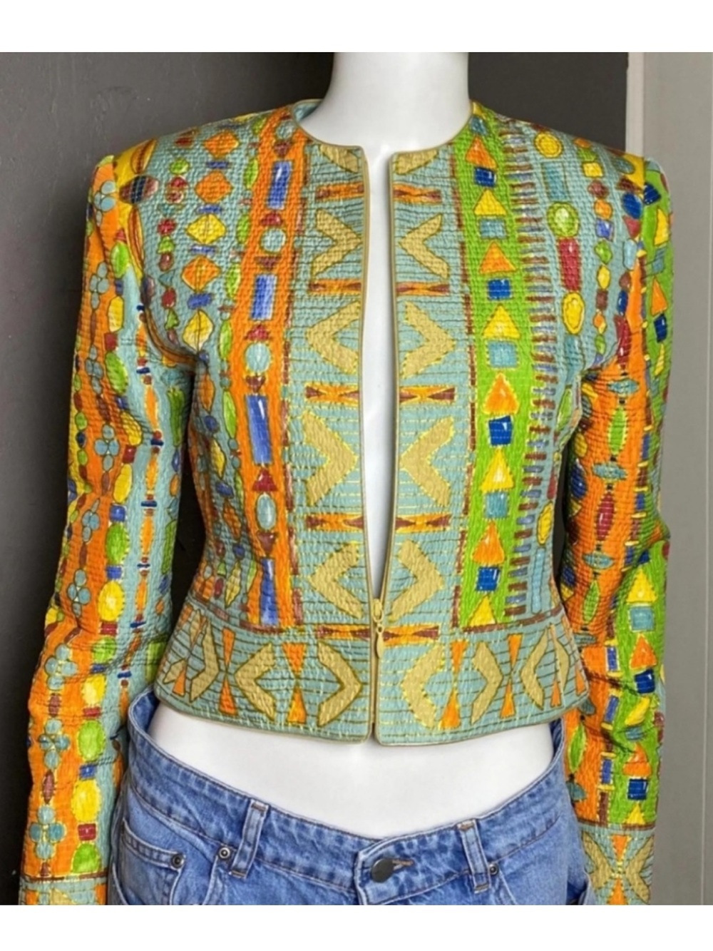 Vintage Carlisle Silk Vibrant Cropped Jacket Blazer Multicolor Geometric